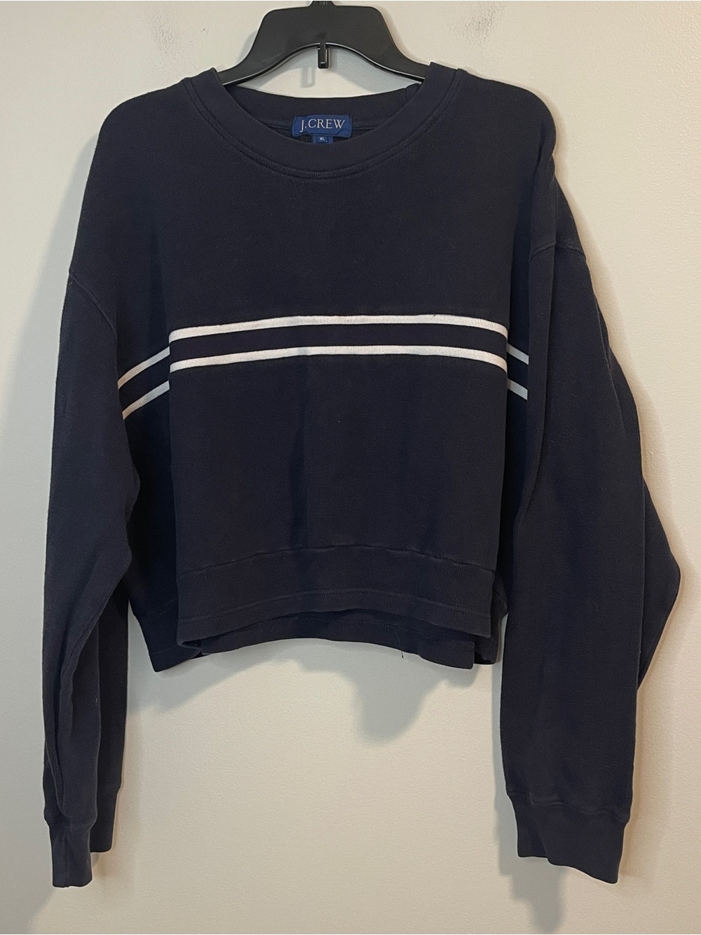 J. Crew Navy Cropped Crewneck Sweatshirt with White Stripes